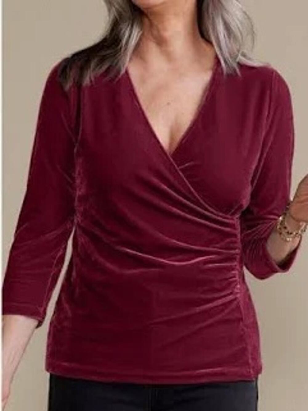 Soft Surroundings Womens Alyssa Velvet Top Ruched Faux Wrap Holidays Red Large
